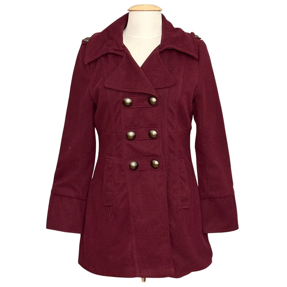 VTG Y2K Womens Jacket M Burgundy Double Breast Classic Peacoat Military Academia